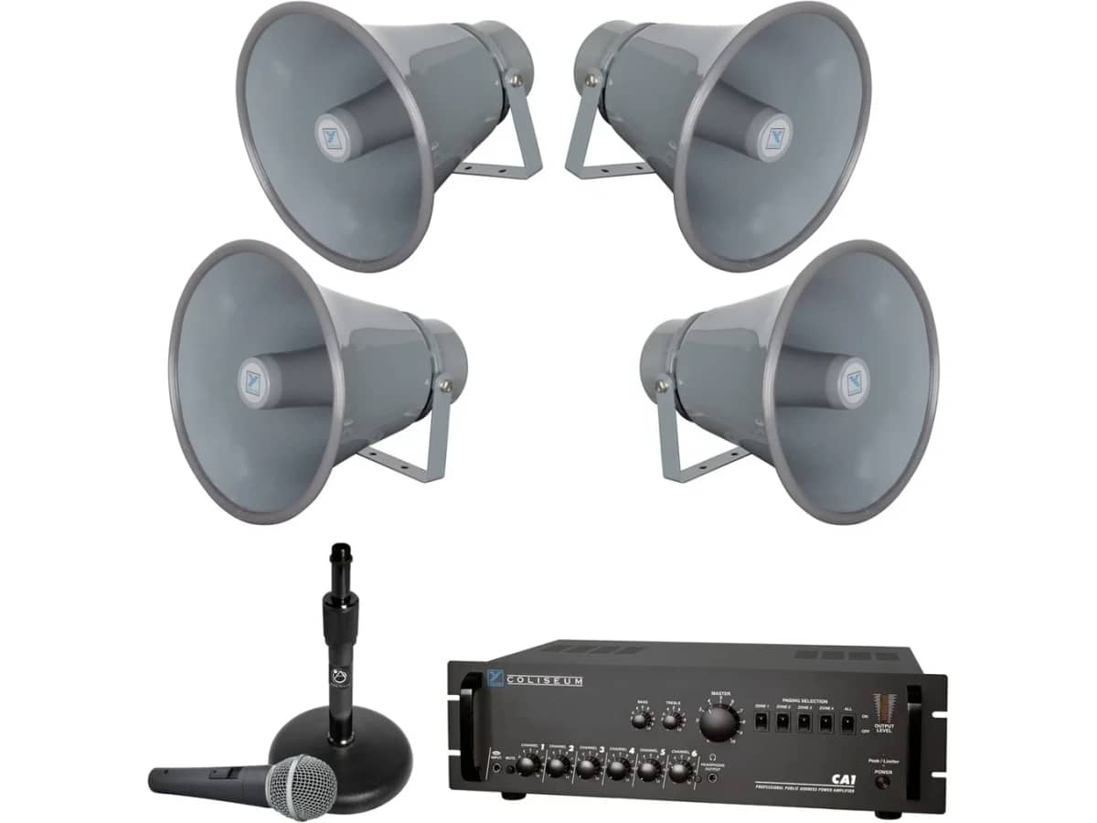 Indoor Outdoor Warehouse and Loading Dock PA Sound System with 4 Yorkville C180 PA Horns