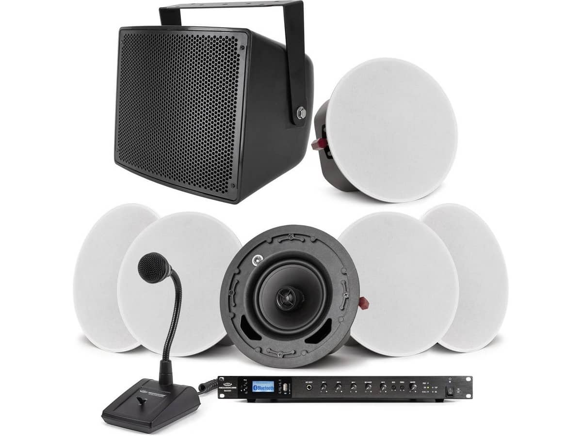 Warehouse Sound System with S10 Outdoor Speakers, 6 C6 Ceiling Speakers, RMA350BT Bluetooth Mixer Amplifier and Paging Microphone