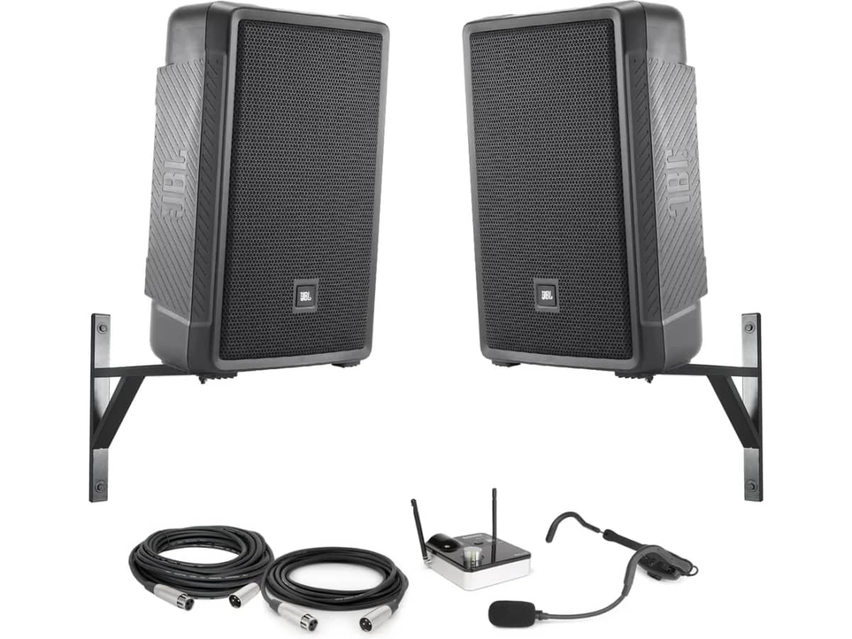 Weight Room Sound System with 2 JBL IRX112BT Powered Bluetooth Speakers and Samson AirLine 99m AH9 Fitness Headset